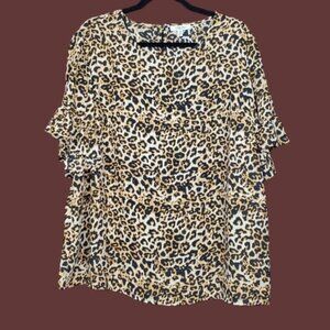 Como Blu Womens Short Sleeve Tan Ruffle Leopard Print Top Size 1X